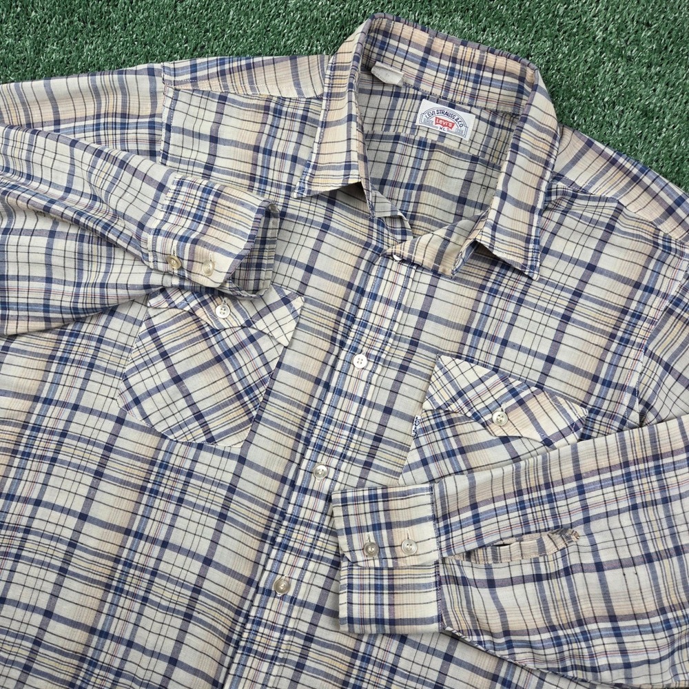 Vintage 70s Levis Western Plaid Shirt Mens XL Long Sleeve Blue Tan Made in USA